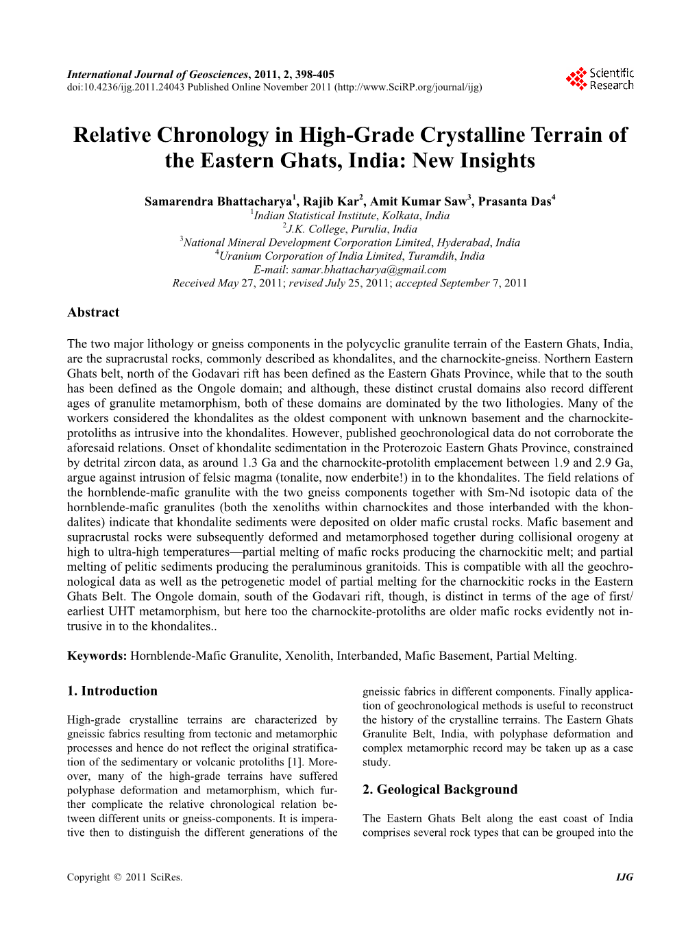 Relative Chronology in High-Grade Crystalline Terrain of the Eastern Ghats, India: New Insights