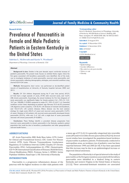 Prevalence of Pancreatitis in Female and Male Pediatric Patients in Eastern Kentucky in the United States