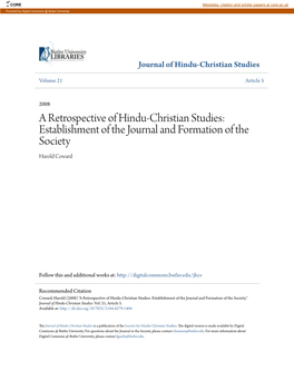 A Retrospective of Hindu-Christian Studies: Establishment of the Journal and Formation of the Society Harold Coward
