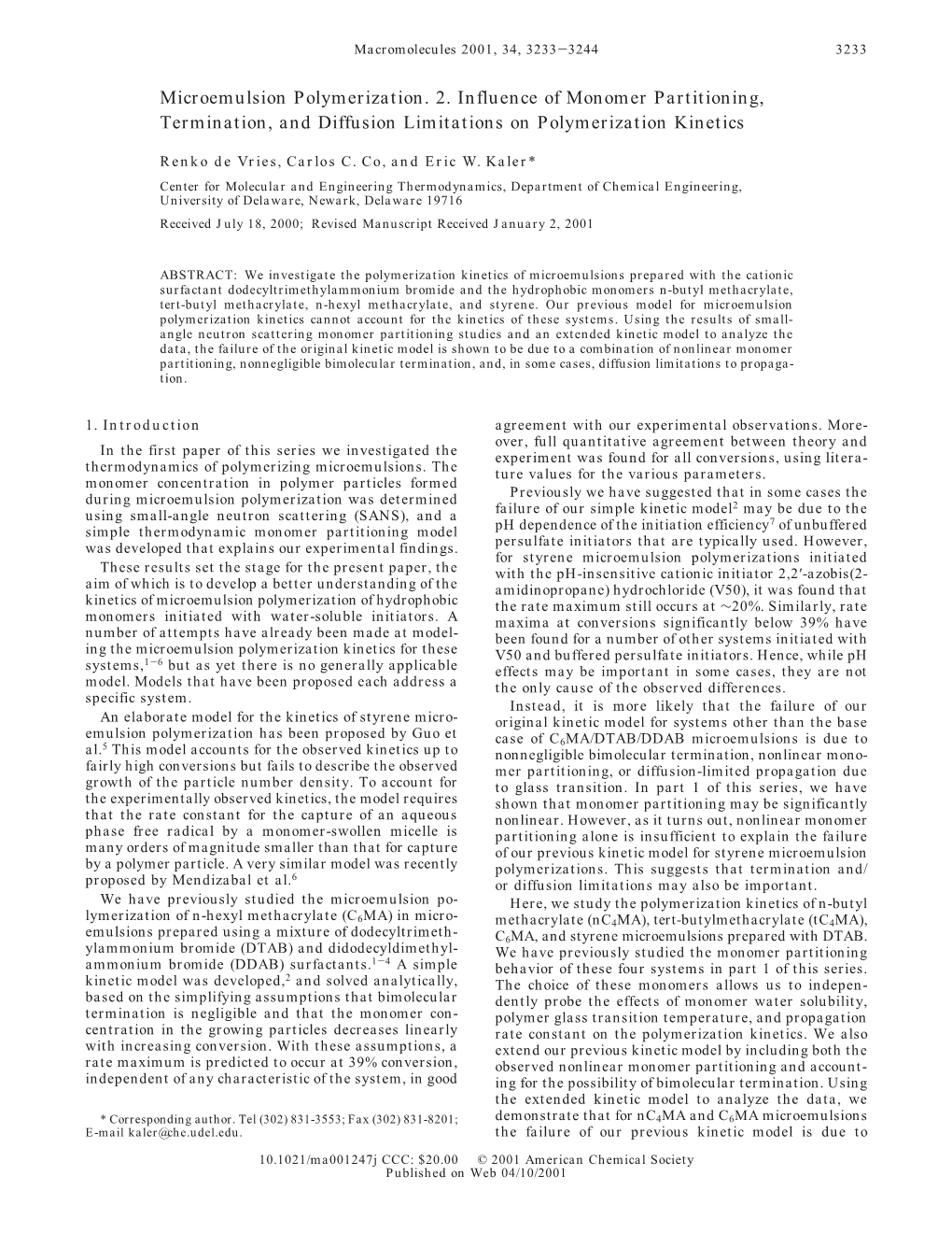 Microemulsion Polymerization. 2. Influence of Monomer Partitioning, Termination, and Diffusion Limitations on Polymerization Kinetics