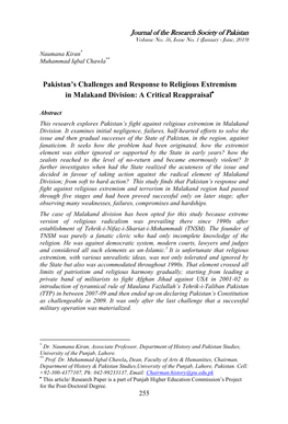 Pakistan's Challenges and Response to Religious Extremism in Malakand