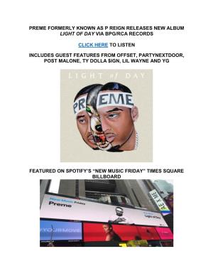 Preme Formerly Known As P Reign Releases New Album Light of Day Via Bpg/Rca Records