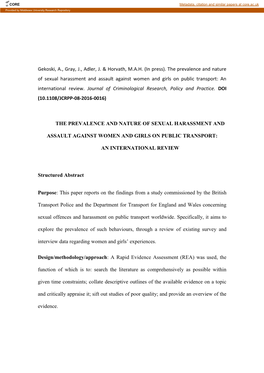 The Prevalence and Nature of Sexual Harassment and Assault Against Women and Girls on Public Transport: an International Review