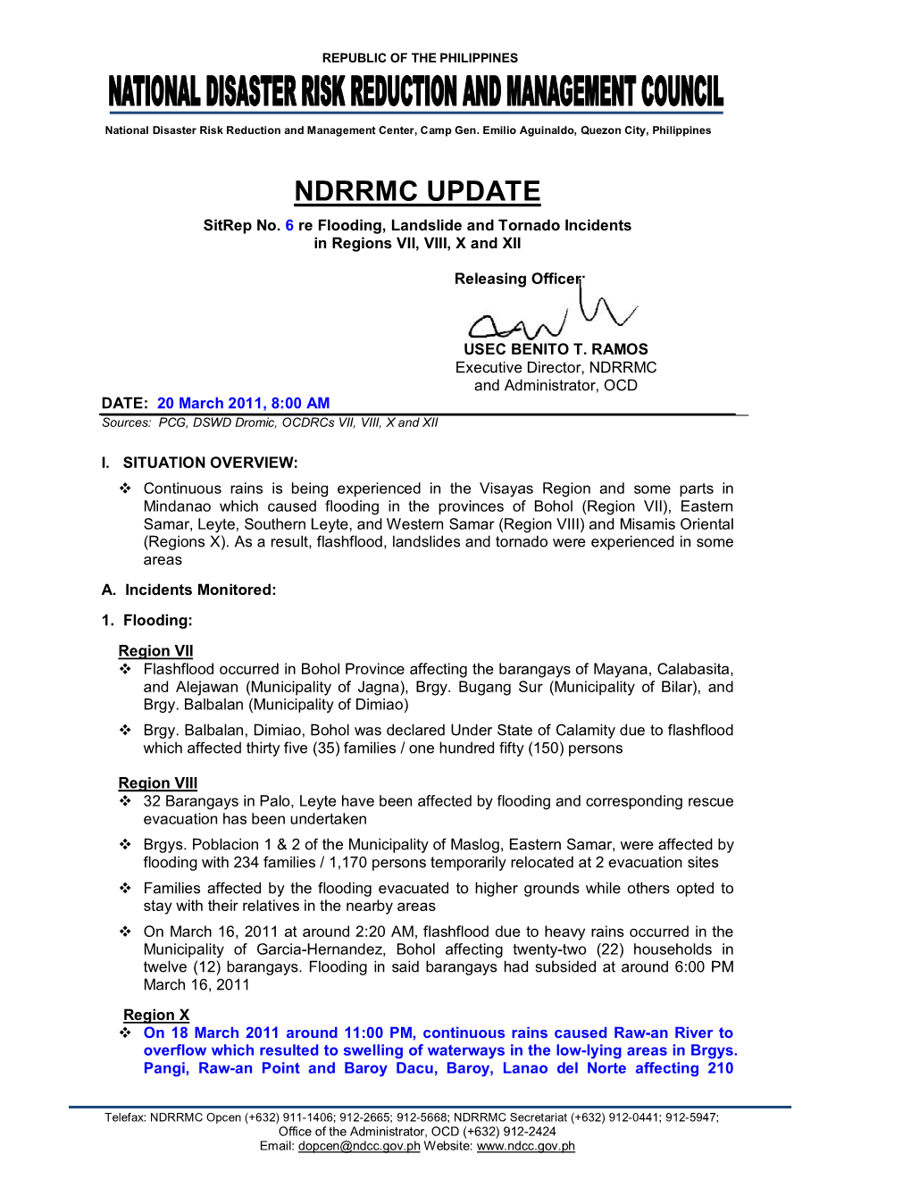 NDRRMC Update Sitrep 6 As of 20 March 2011-8AM