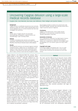 Uncovering Capgras Delusion Using a Large-Scale Medical Records Database Vaughan Bell, Caryl Marshall, Zara Kanji, Sam Wilkinson, Peter Halligan and Quinton Deeley