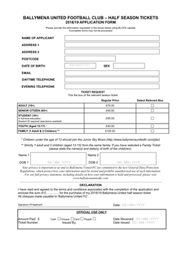 Ballymena United Football Club – Half Season Tickets 2018/19 Application Form