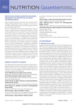 PENN STATE FOOD SCIENTIST BECOMES PRESIDENT of INSTITUTE of FOOD TECHNOLOGISTS OBESITY SOCIETY AWARDS in MEMORIAM P. Michael