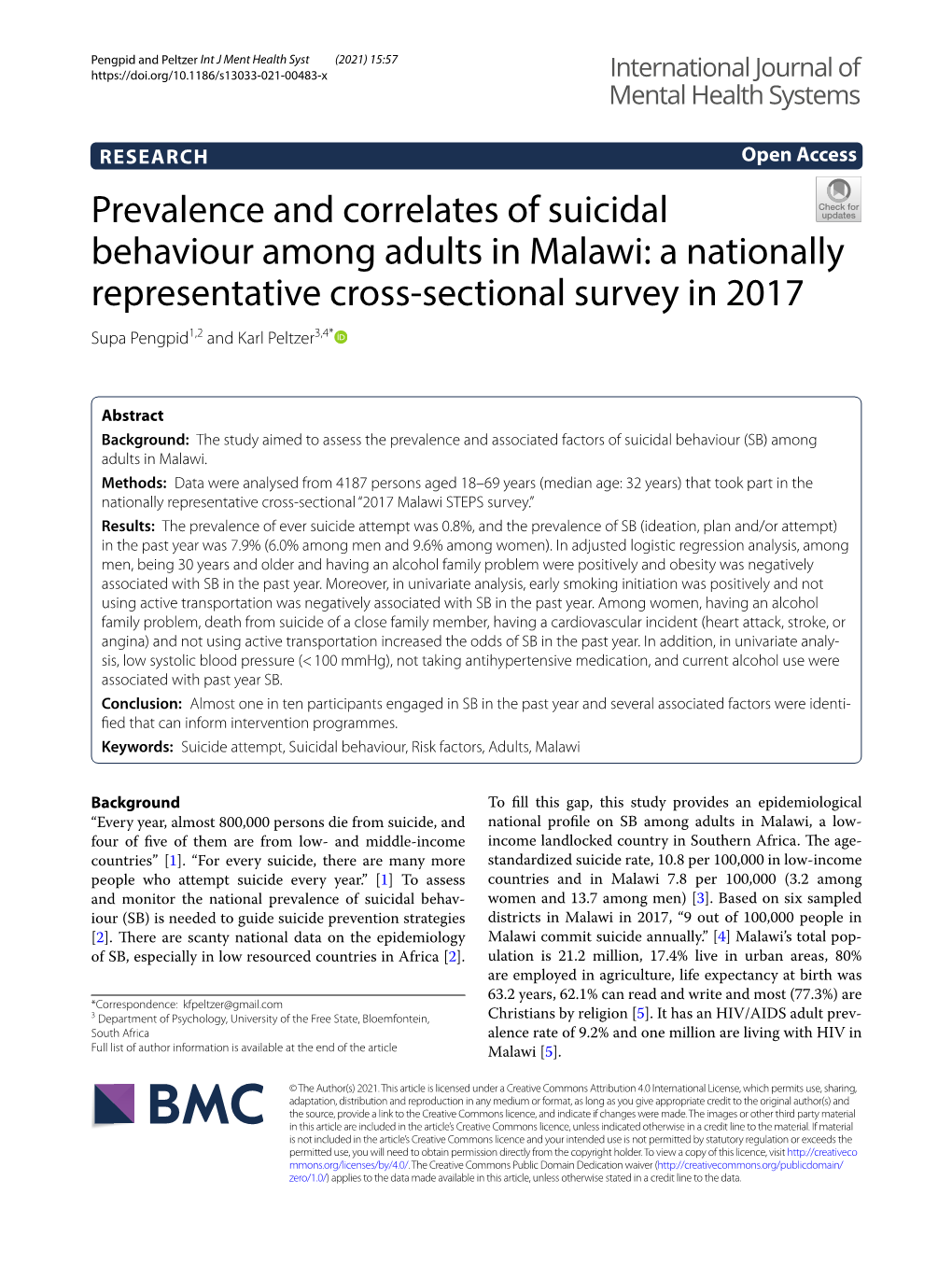 Prevalence and Correlates of Suicidal Behaviour Among Adults in Malawi