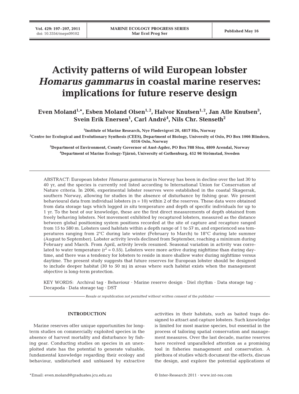 Activity Patterns of Wild European Lobster Homarus Gammarus in Coastal Marine Reserves: Implications for Future Reserve Design