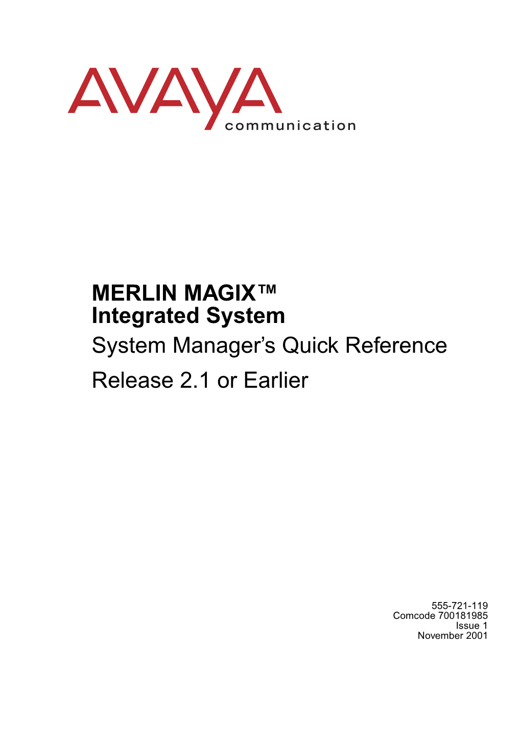 MERLIN MAGIX™ Integrated System System Manager's Quick Reference