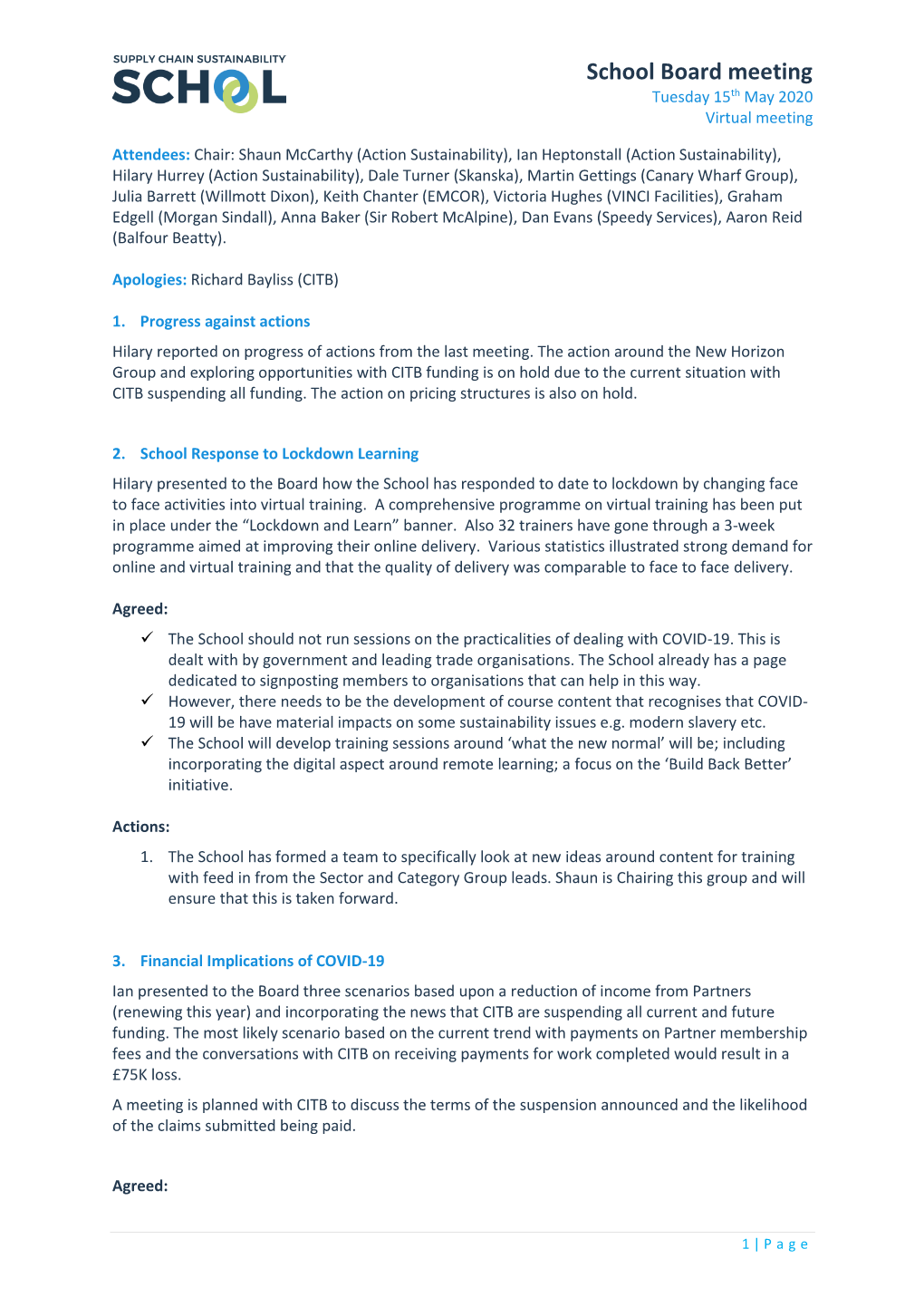 School Board Meeting Tuesday 15Th May 2020 Virtual Meeting