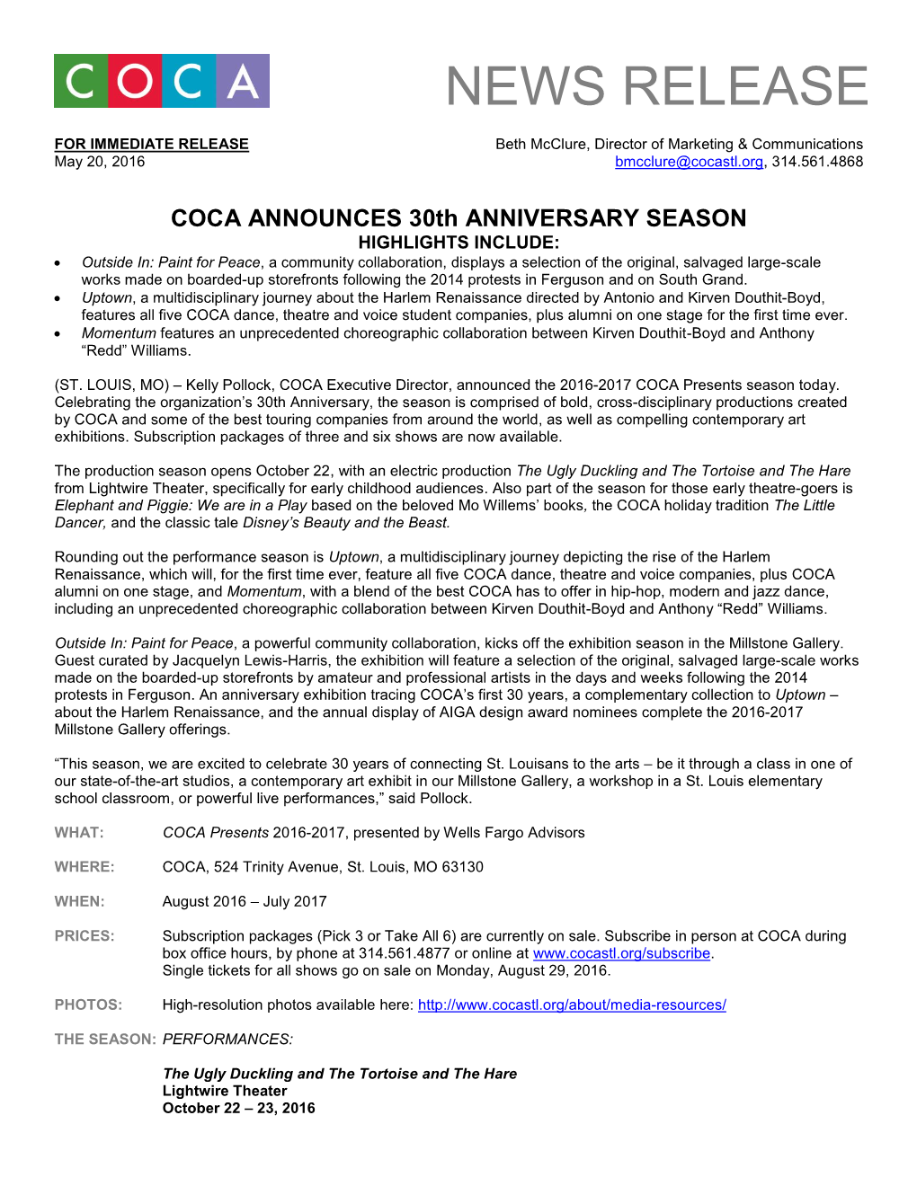 COCA ANNOUNCES 30Th ANNIVERSARY SEASON