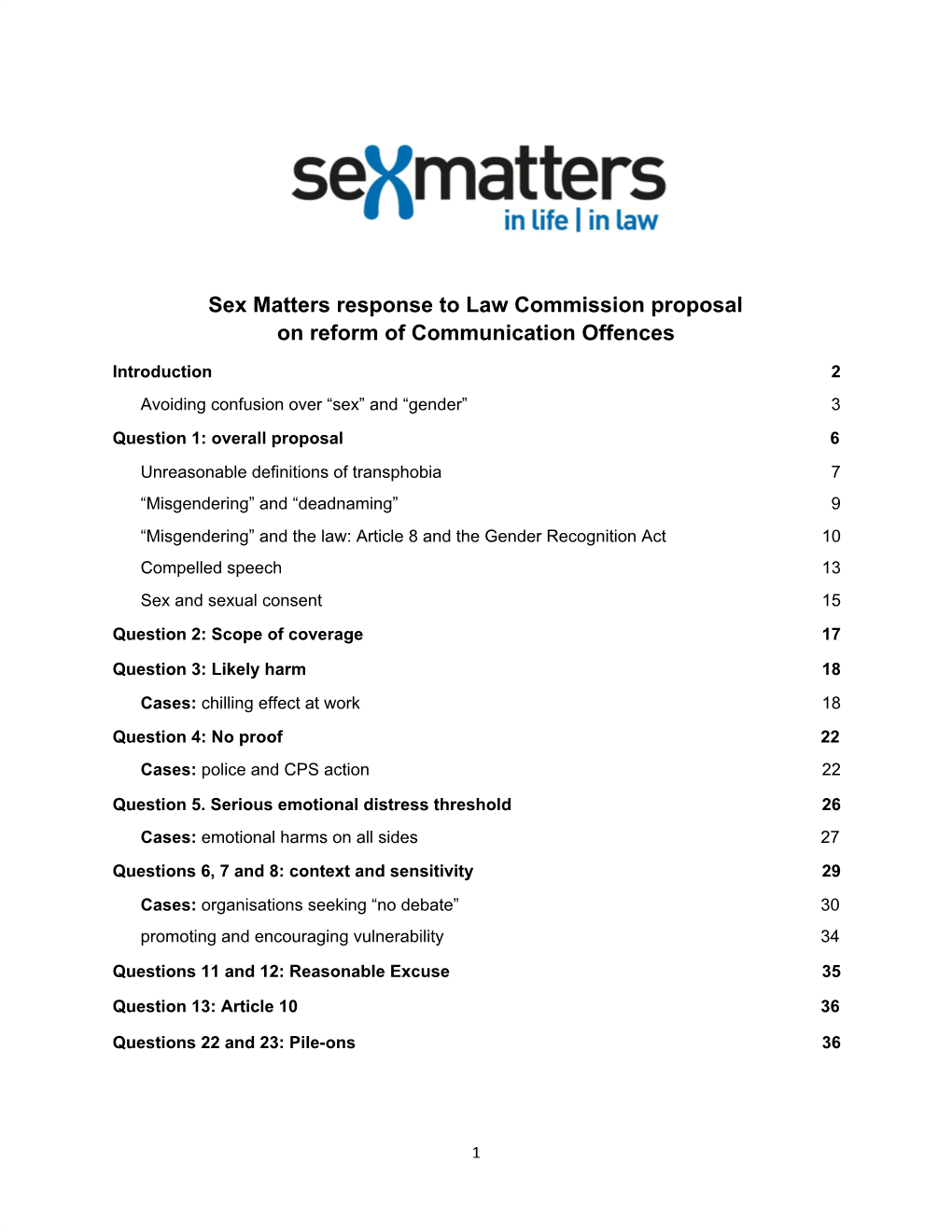 Sex Matters Response to Law Commission Proposal on Reform of Communication Offences