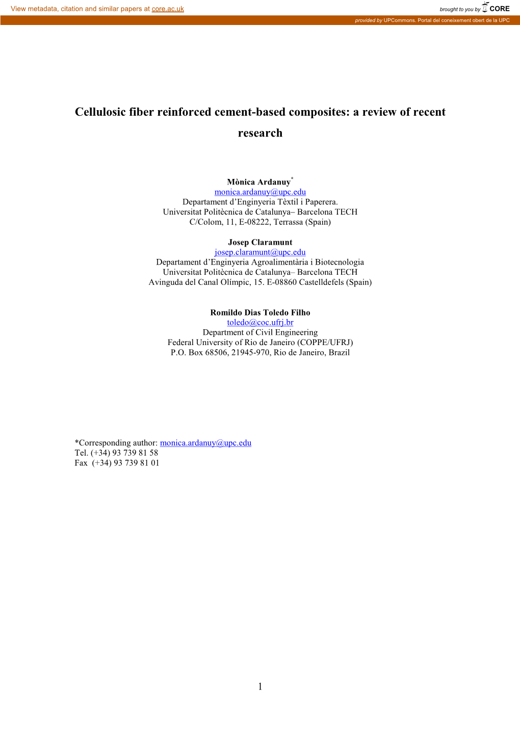 Cellulosic Fiber Reinforced Cement-Based Composites: a Review of Recent Research