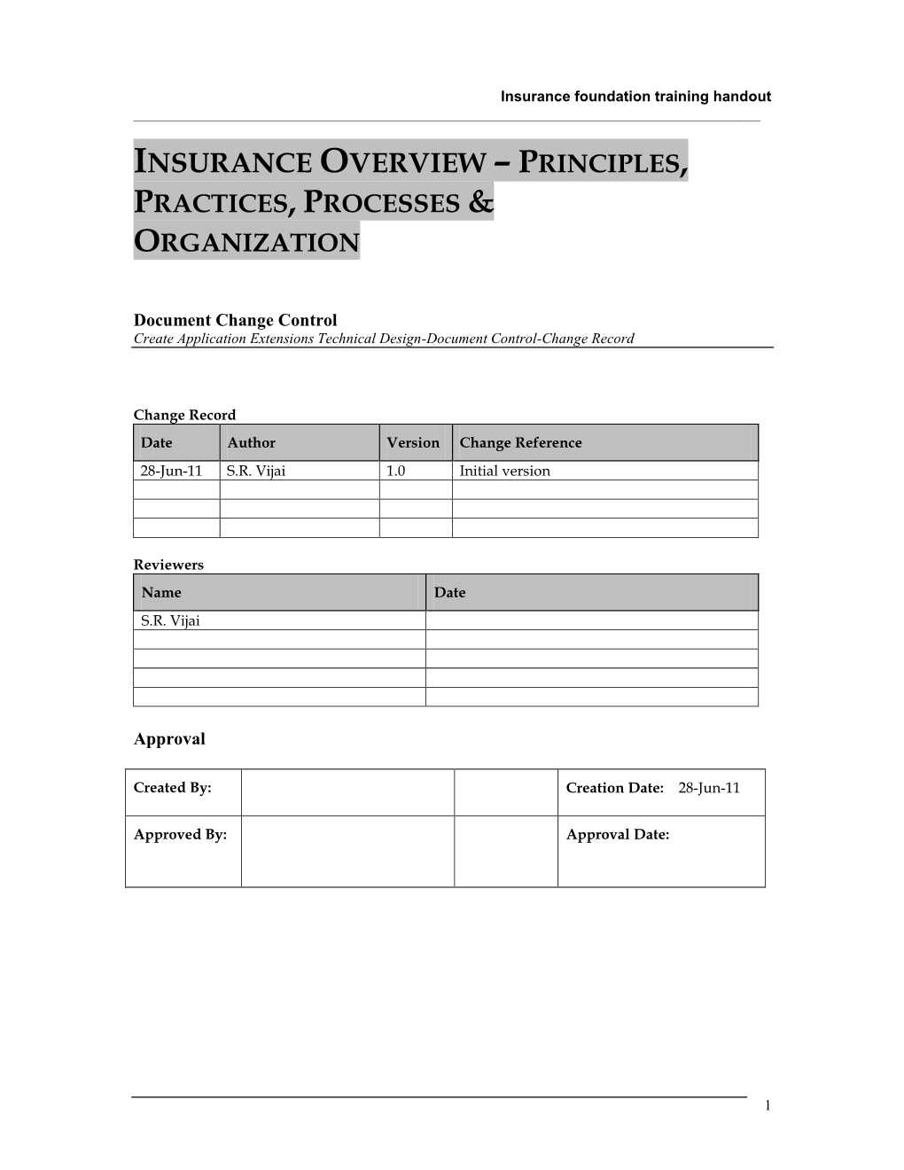 Insurance Overview – Principles, Practices, Processes & Organization