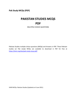 Pakistan Studies Mcqs Pdf Multiple Choice Questions