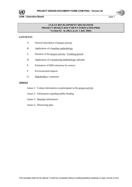 CLEAN DEVELOPMENT MECHANISM PROJECT DESIGN DOCUMENT FORM (CDM-PDD) Version 02 - in Effect As Of: 1 July 2004)