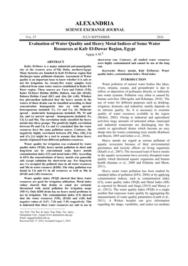 Evaluation of Water Quality and Heavy Metal Indices of Some Water Resources at Kafr El-Dawar Region, Egypt Aggag A.M.1 Short-Term Run