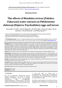 The Effects of Mundulea Sericea (Fabales: Fabaceae) Water Extracts on Phlebotomus Duboscqi (Diptera: Psychodidae) Eggs and Larvae