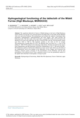 Hydrogeological Functioning of the Tablecloth of the Midelt Furrow (High Moulouya, MOROCCO)