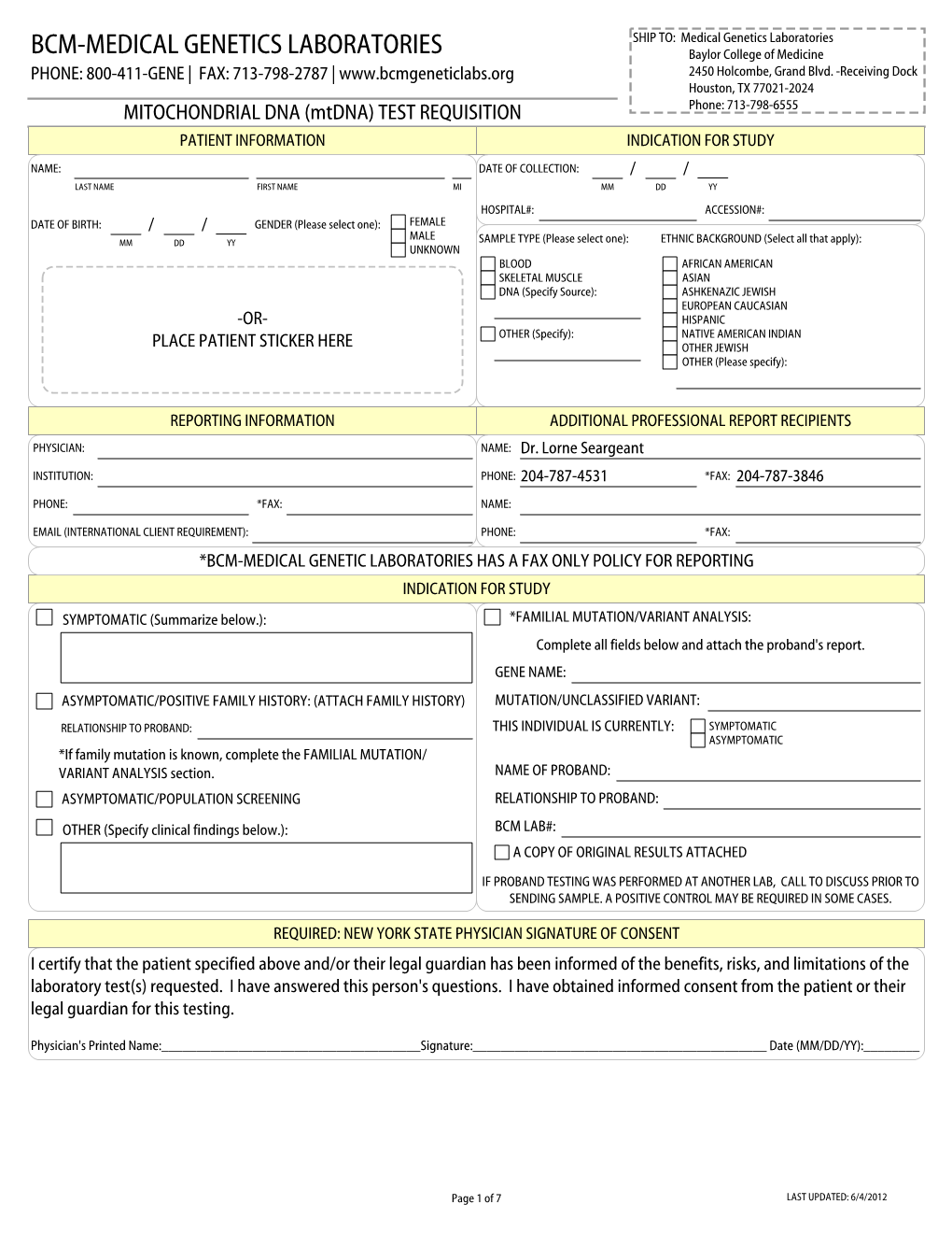 Mitochondrial DNA (Mtdna) Test Requisition