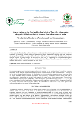 Interpretation on the Food and Feeding Habits of Dascyllus Trimaculatus (Ruppell, 1829) from Gulf of Mannar, South East Coast of India