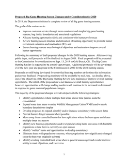 Proposed Big Game Hunting Season Changes Under Consideration for 2020 in 2018, the Department Initiated a Complete Review of All Big Game Hunting Seasons