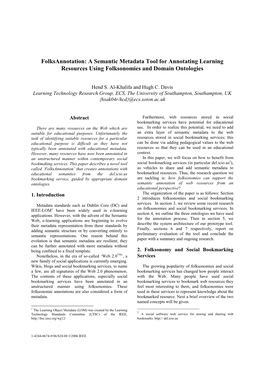 Folksannotation: a Semantic Metadata Tool for Annotating Learning Resources Using Folksonomies and Domain Ontologies