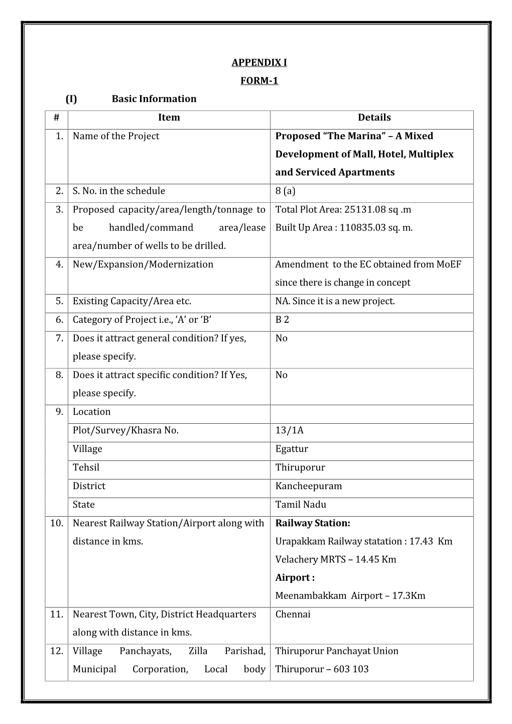 APPENDIX I FORM-1 (I) Basic Information # Item Details Proposed “The Marina” – a Mixed