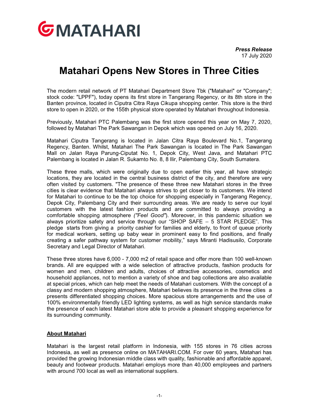 Matahari Opens New Stores in Three Cities