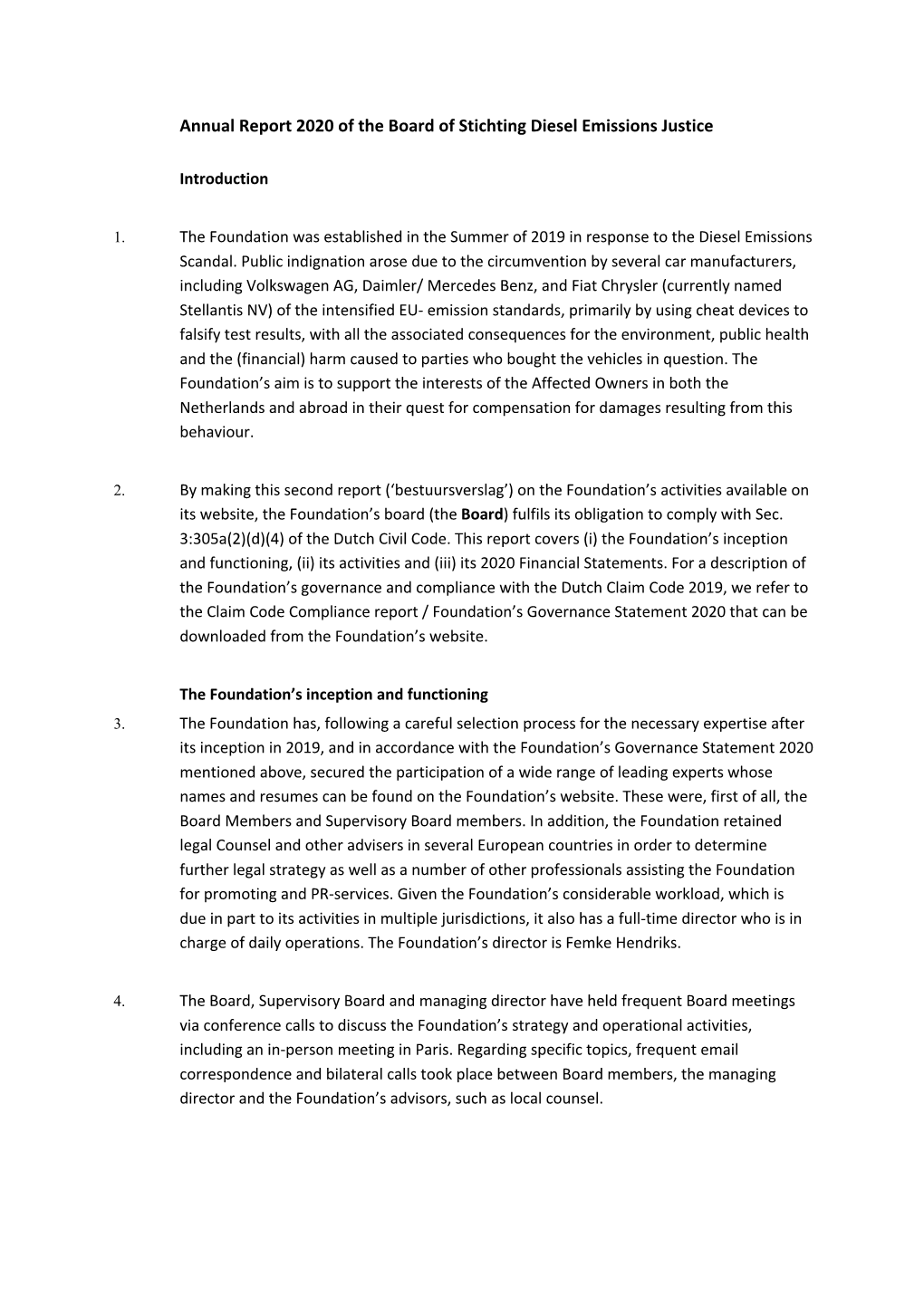 Annual Report 2020 of the Board of Stichting Diesel Emissions Justice