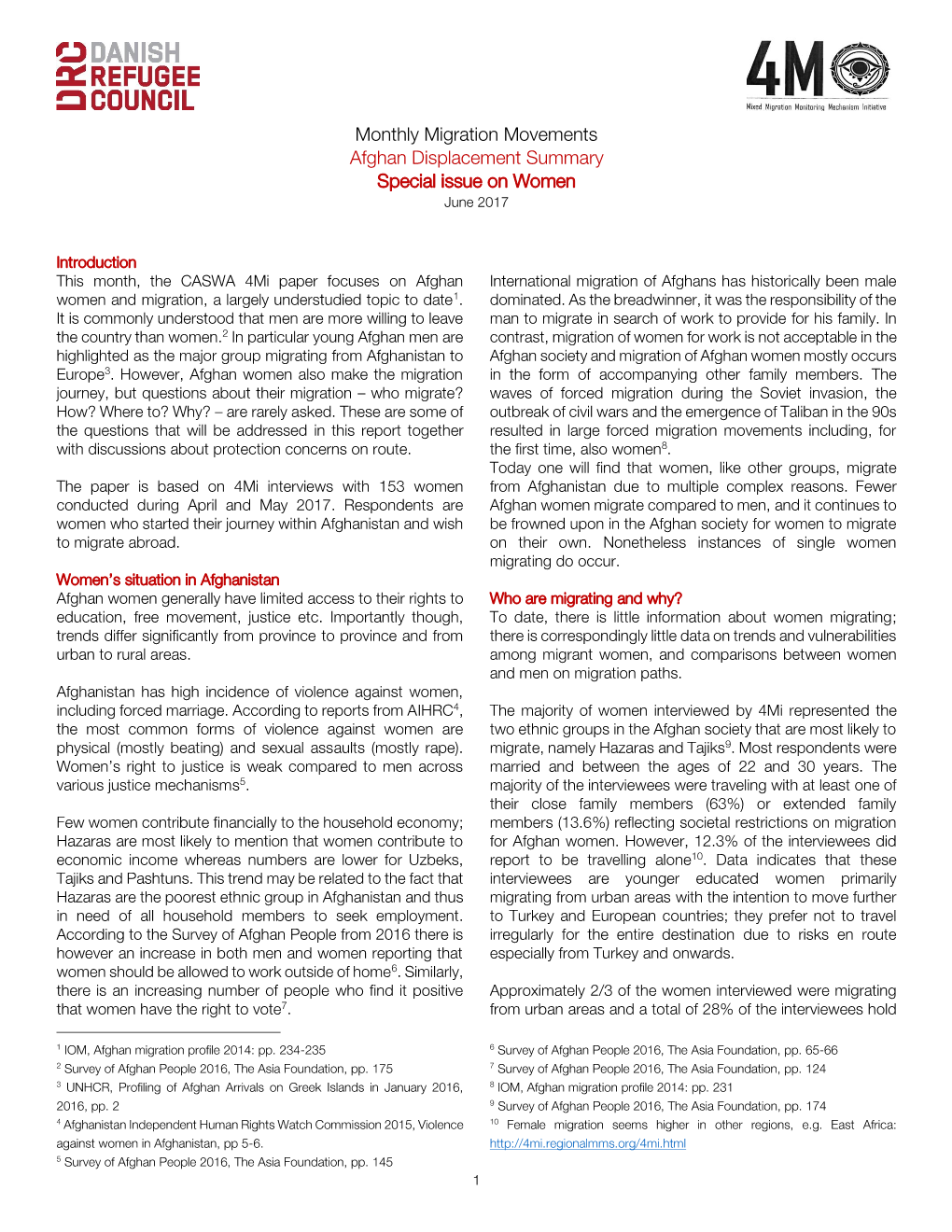 Monthly Migration Movements Afghan Displacement Summary Special Issue on Women June 2017