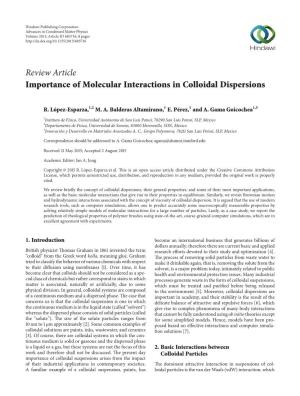 Review Article Importance of Molecular Interactions in Colloidal Dispersions