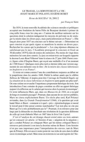 LE TRAVAIL, LA SERVITUDE ET LA VIE : AVANT MARX ET POLANYI, EUGÈNE BURET Revue Du MAUSS N° 18, 2001/2 Par François Vatin