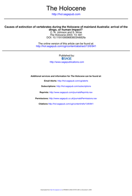 Causes of Extinction of Vertebrates During the Holocene of Mainland Australia: Arrival of the Dingo, Or Human Impact? C