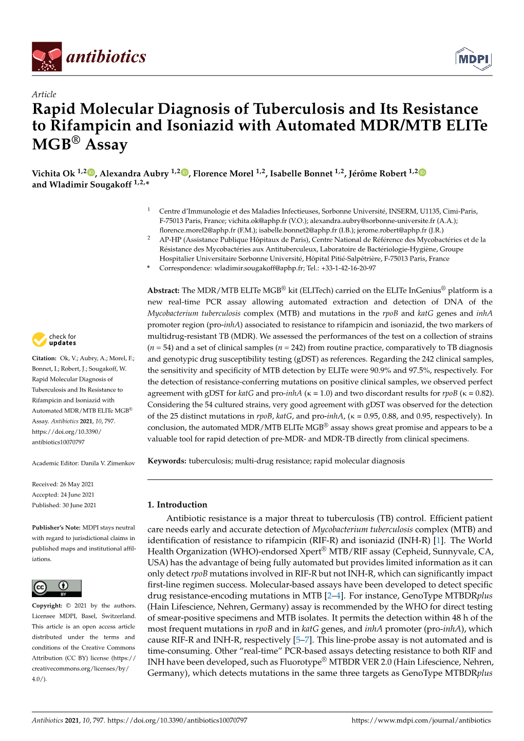 Rapid Molecular Diagnosis of Tuberculosis and Its Resistance to Rifampicin and Isoniazid with Automated MDR/MTB Elite MGB® Assay
