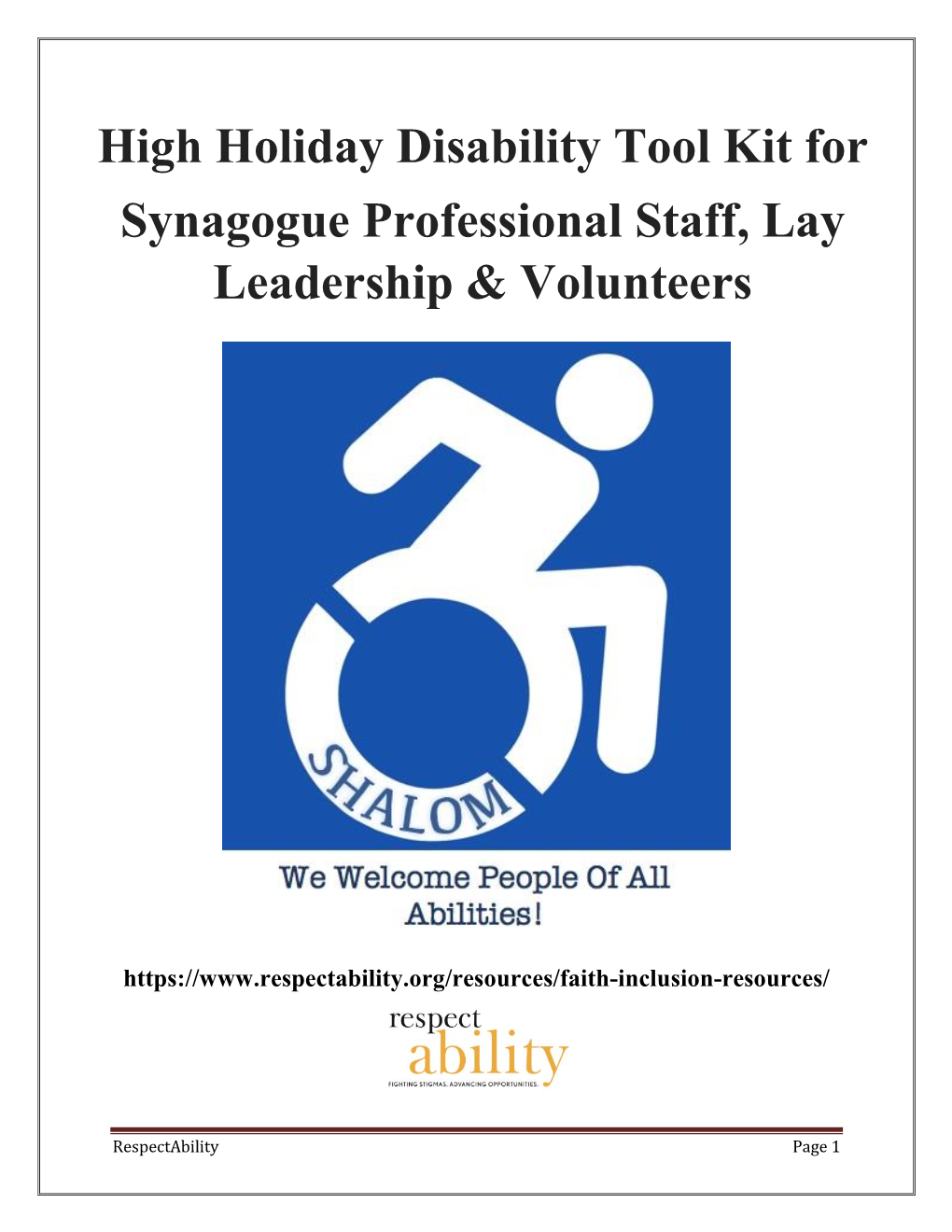 High Holiday Disability Tool Kit for Synagogue Professional Staff, Lay Leadership & Volunteers