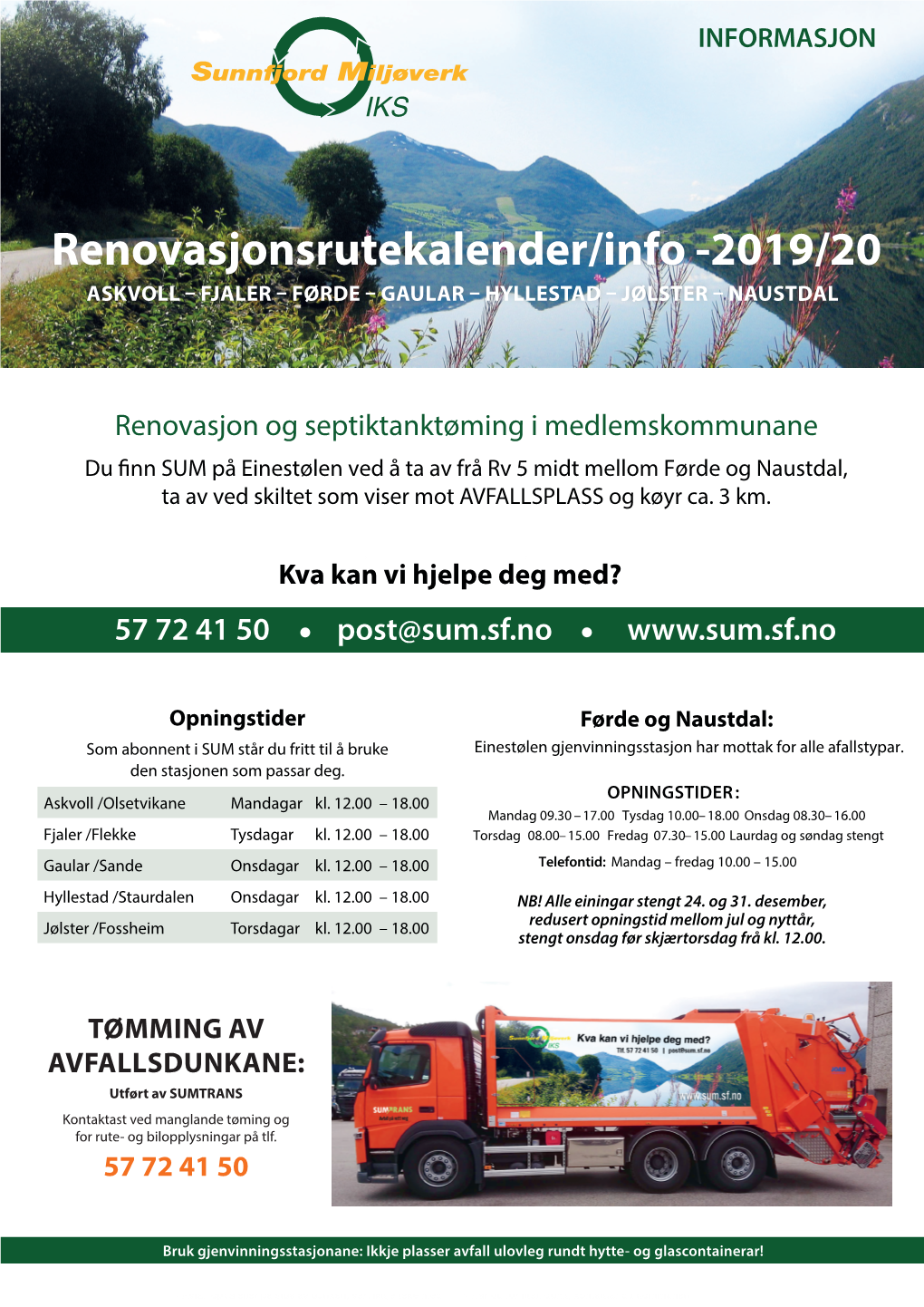 Renovasjonsrutekalender/Info -2019/20 ASKVOLL – FJALER – FØRDE – GAULAR – HYLLESTAD – JØLSTER – NAUSTDAL