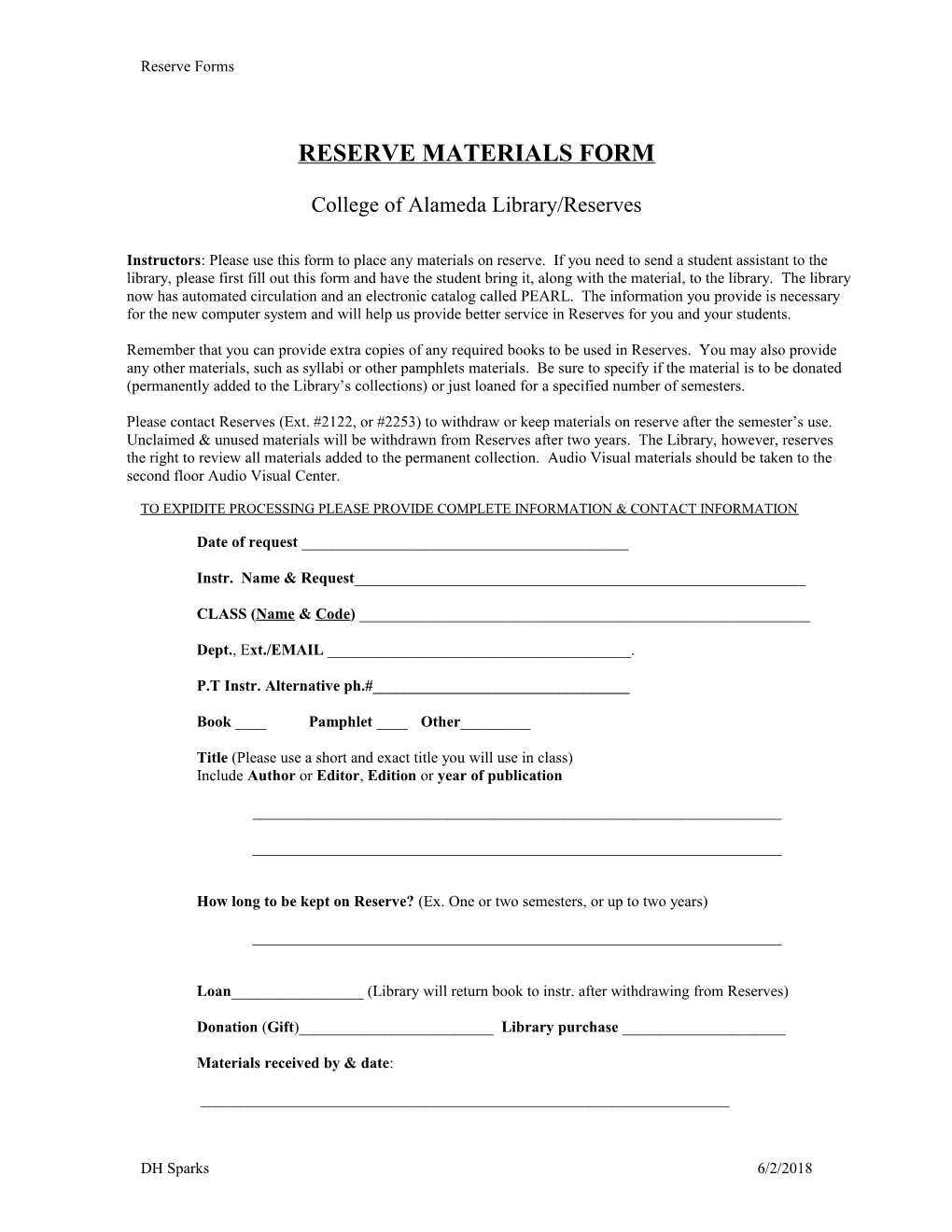 Reserve Materials Form