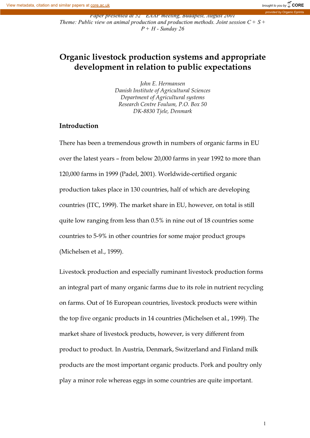 Organic Livestock Production Systems and Appropriate Development in Relation to Public Expectations