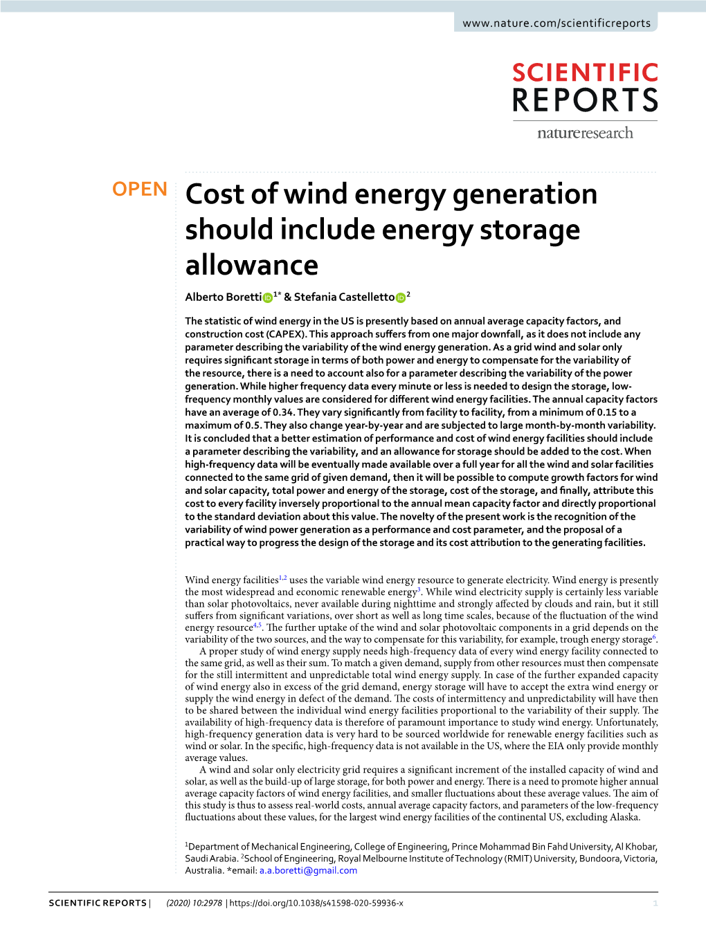 Cost of Wind Energy Generation Should Include Energy Storage Allowance Alberto Boretti 1* & Stefania Castelletto 2