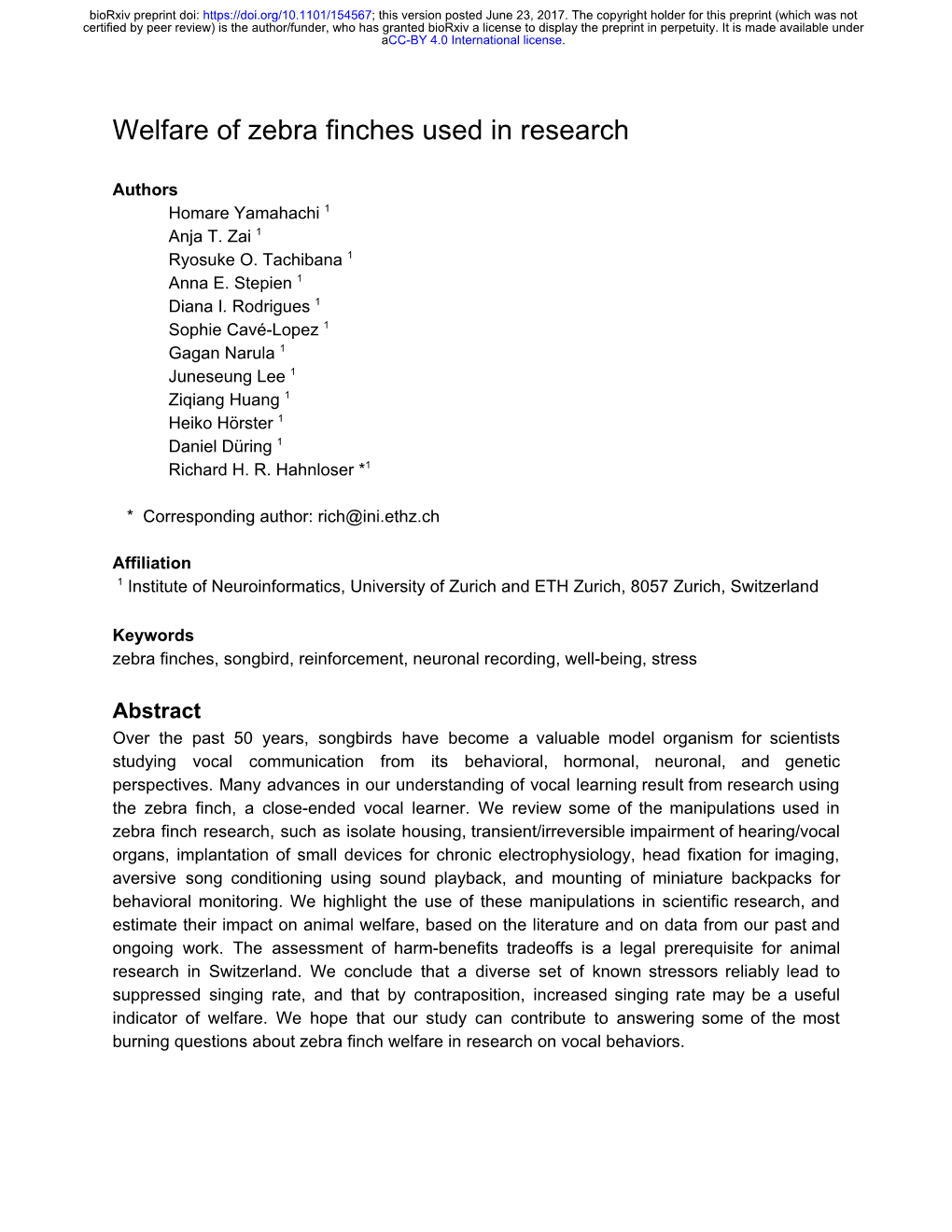 Welfare of Zebra Finches Used in Research