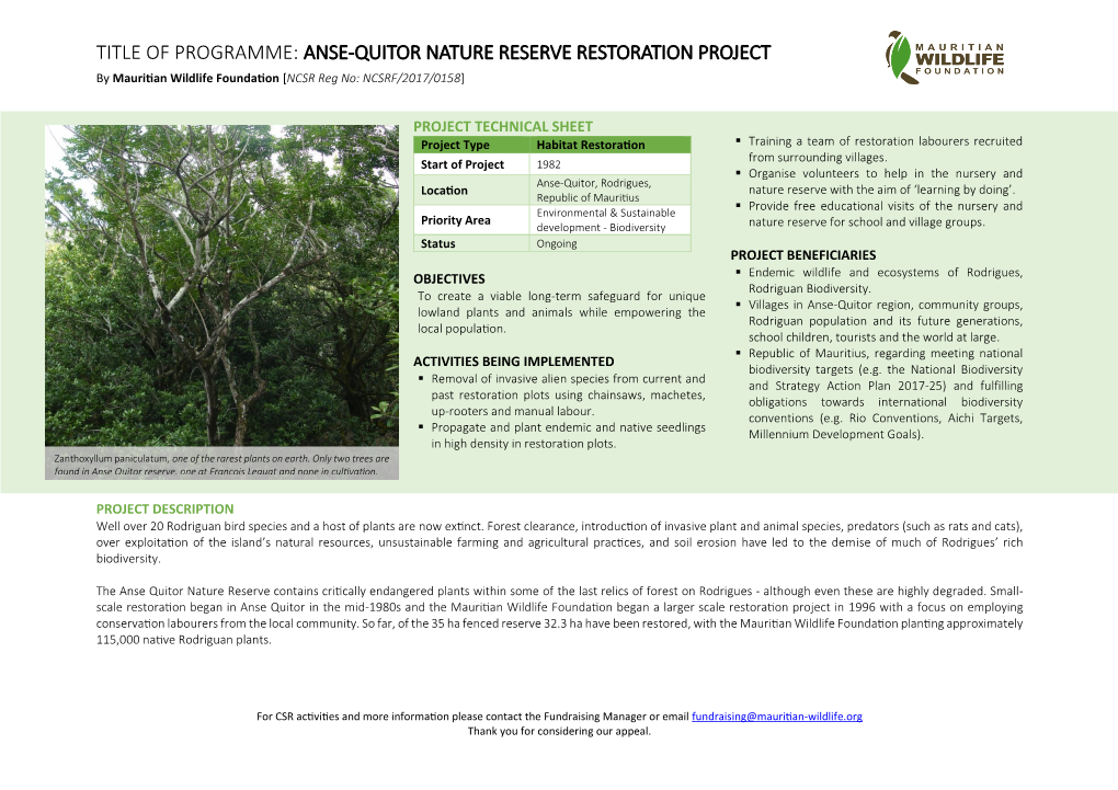ANSE-QUITOR NATURE RESERVE RESTORATION PROJECT by Mauritian Wildlife Foundation [NCSR Reg No: NCSRF/2017/0158]