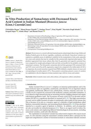 In Vitro Production of Somaclones with Decreased Erucic Acid Content in Indian Mustard [Brassica Juncea (Linn.) Czern&Coss]