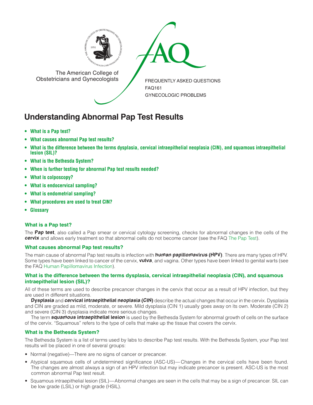 FAQ161 -- Understanding Abnormal Pap Test Results