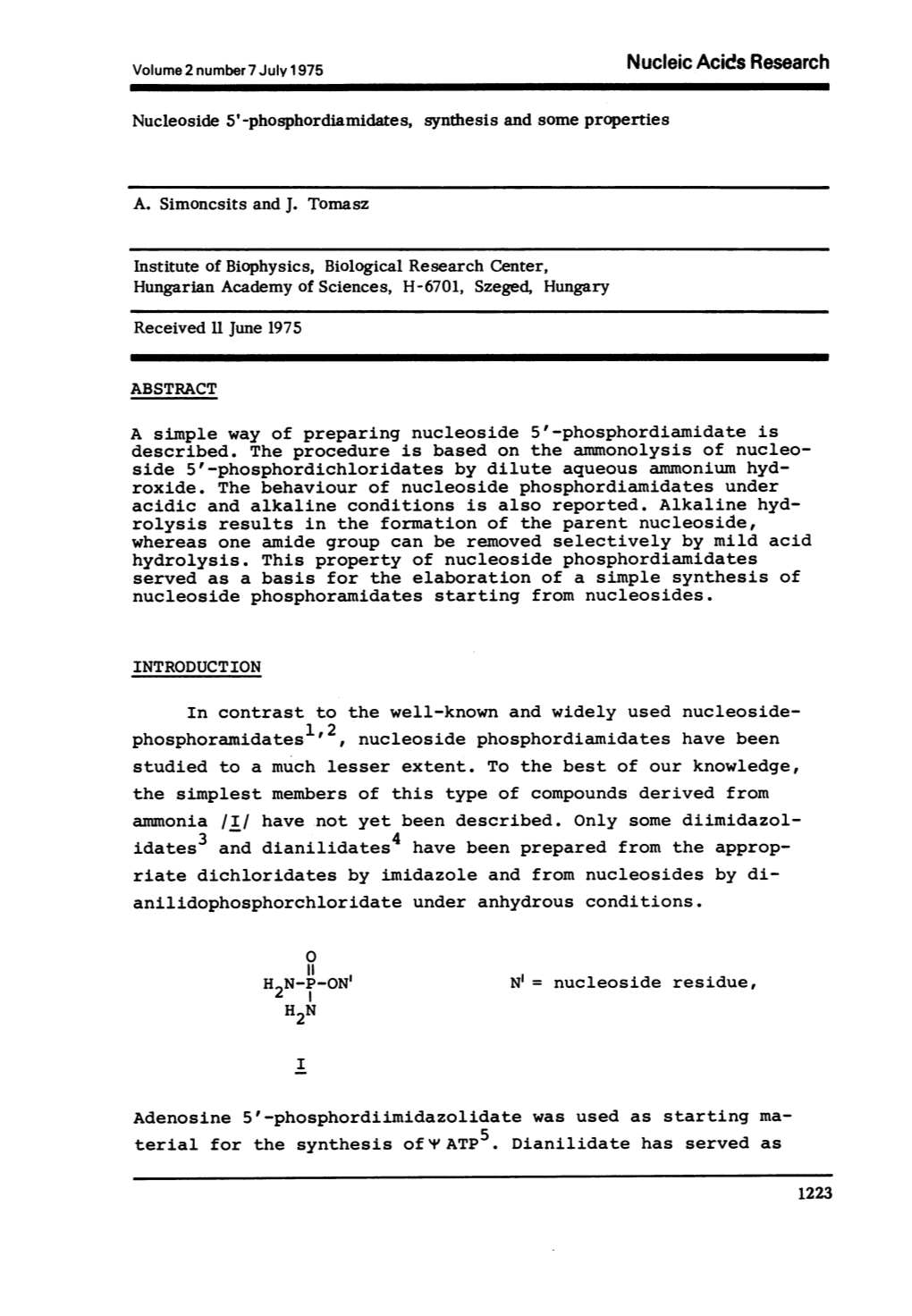 Nucleoside 5'-Phosphordiamidates, Synthesis and Some Properties