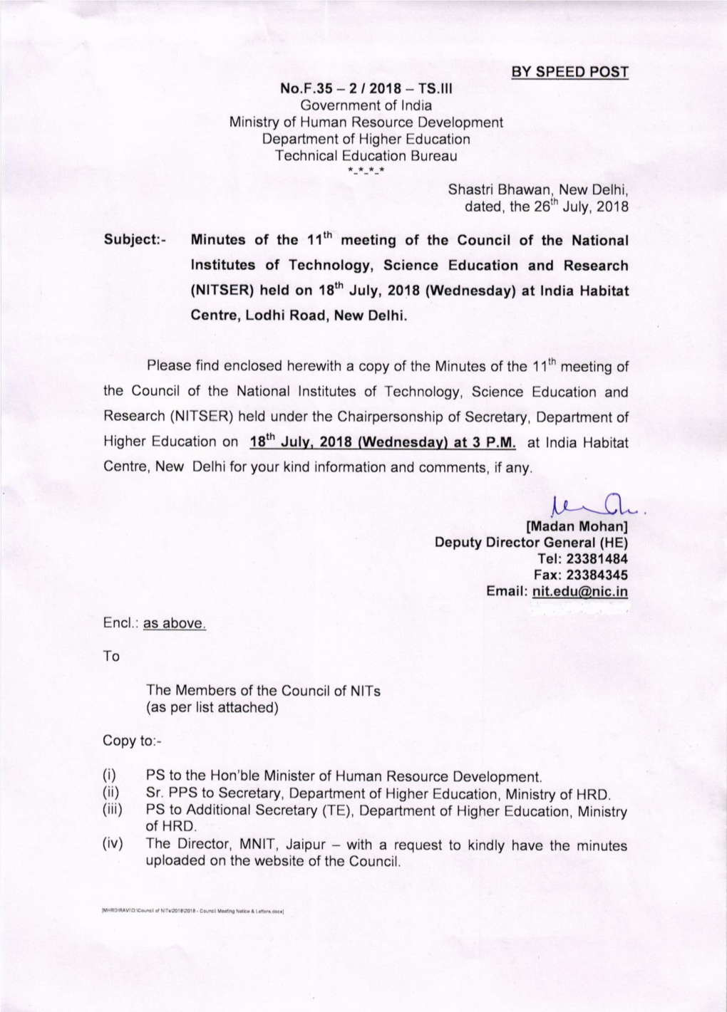 Minutes of the 11Th Meeting of NIT Council
