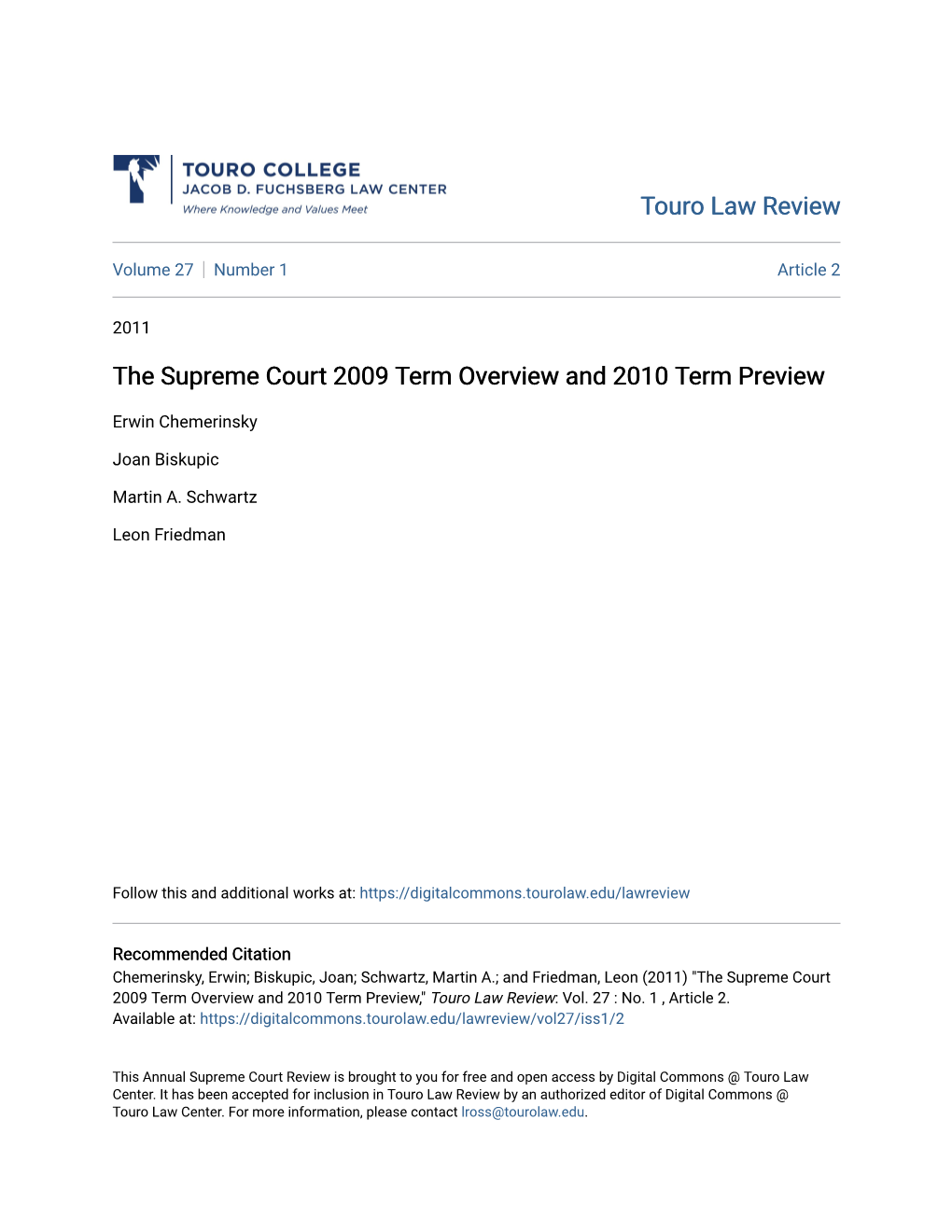 The Supreme Court 2009 Term Overview and 2010 Term Preview