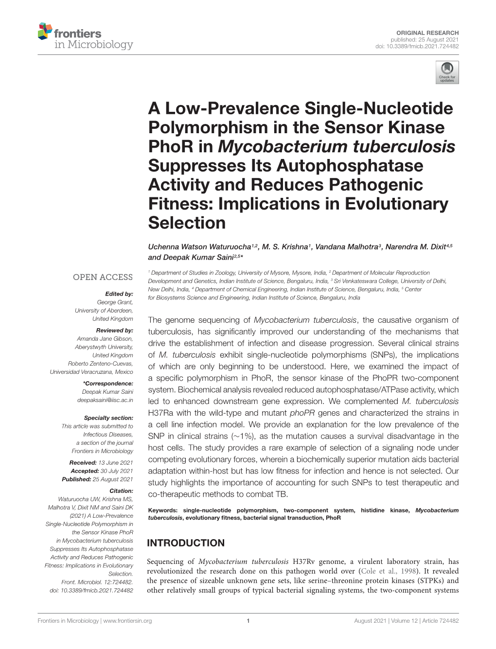 A Low-Prevalence Single-Nucleotide Polymorphism in the Sensor Kinase Phor in Mycobacterium Tuberculosis Suppresses Its Autophosp