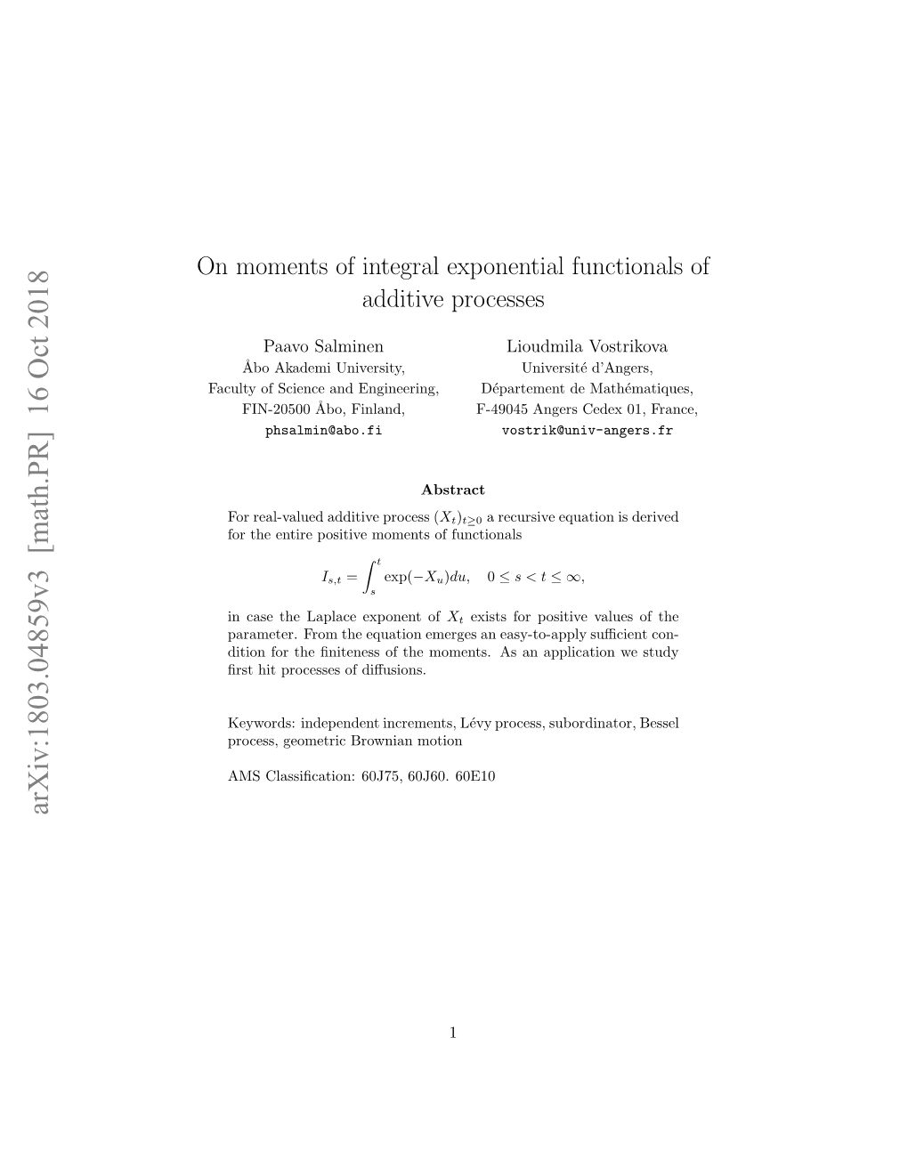 On Moments of Integral Exponential Functionals of Additive Processes